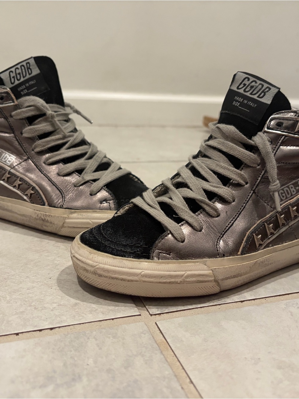 Golden Goose Metallic Silver and Black High-Top Sneakers